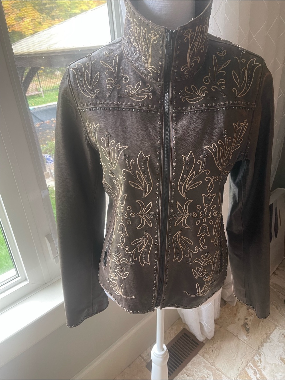 Brown Embroidered Zip-Front Women's Jacket